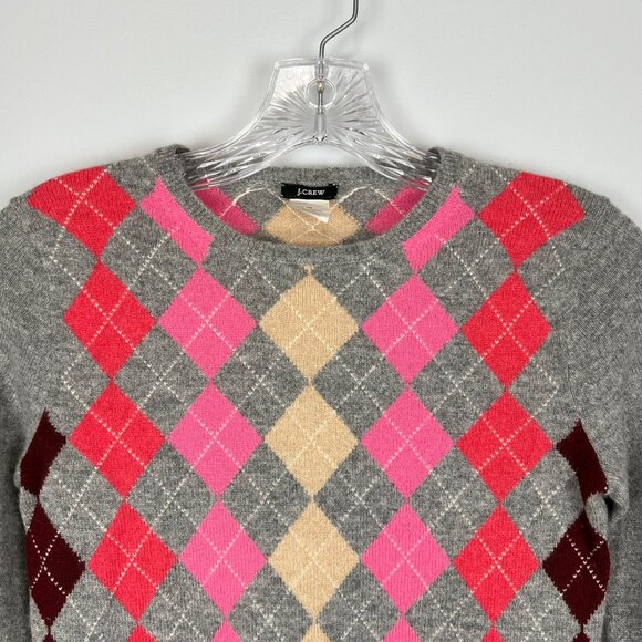 J Crew Womens Cashmere Argyle Crew Neck Sweater Gray Pink Red size XS - Picture 2 of 7